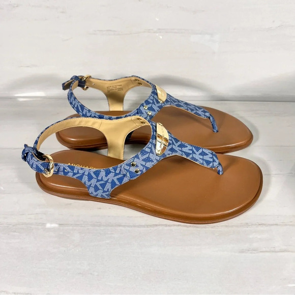 Michael Kors Plate Flat Thong Sandal Blue Denim Monogram Womens Size 8 - Picture 3 of 12
